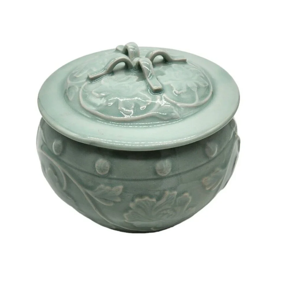 Vintage Handmade Celadon Tureen Covered Serving Bowl Dimensional